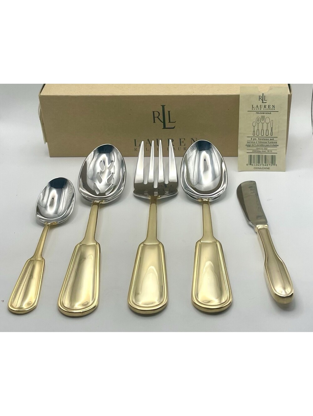 (1) Ralph Lauren PELHAM GOLD 5 Pc Hostess Set 18/10 Stainless China